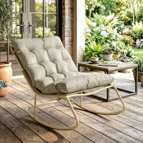 Rocking Chair de Jardin Fauteuil à Bascule Coussin Moelleux 125cm Large 64cm en Acier et Textilène Beige et Doré