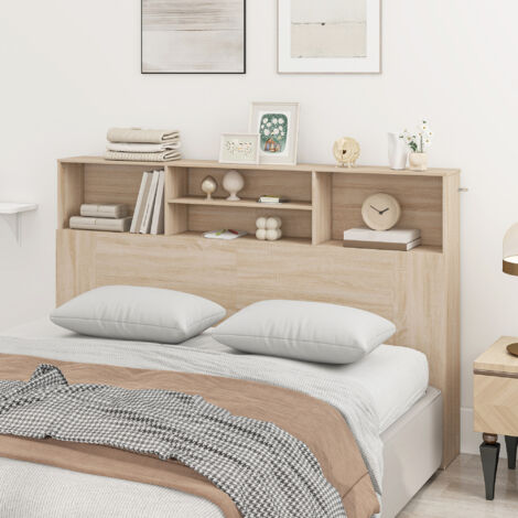 Tête de lit sur pied avec rangements. accessoire de lit 4 compartiments ouverts. 160 x 20.2 x 108.2 cm. bois naturel