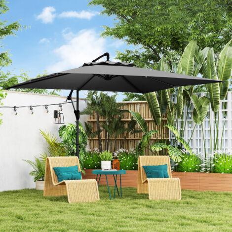 Parasol déporté carré 3 x 3 m avec manivelle. base croisée. parasol inclinable rotation à 360° toile 180 g/m² gris foncé