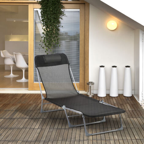 Bain de soleil transat chaise longue inclinable pliable avec oreiller dossier réglable sur 5 niveaux noir (1/5)