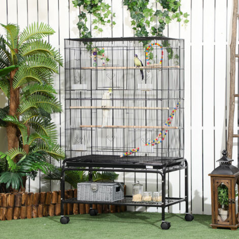 Cage à oiseaux sur pieds roulettes avec 4 mangeoires et 3 perchoirs 79 x 49 x 133 cm noir (1/5)