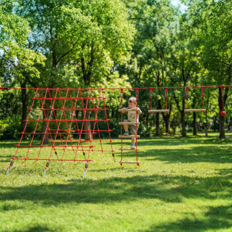 Parcours d'obstacles Ninja pour enfants 10 M kit de tyrolienne complet charge 100 kg. installation facile. rouge