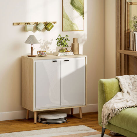 Buffet à haute brillance. meuble de rangement avec double porte. étagère réglable. 72 x 35 x 77 cm. blanc et chêne (1/5)
