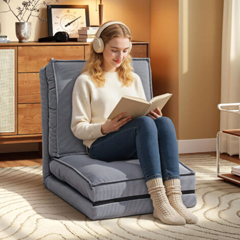 Fauteuil de sol pliable en velours côtelé. matelas de sol avec dossier réglable en 5 positions. 59 x 230 x 15 cm. gris (1/5)