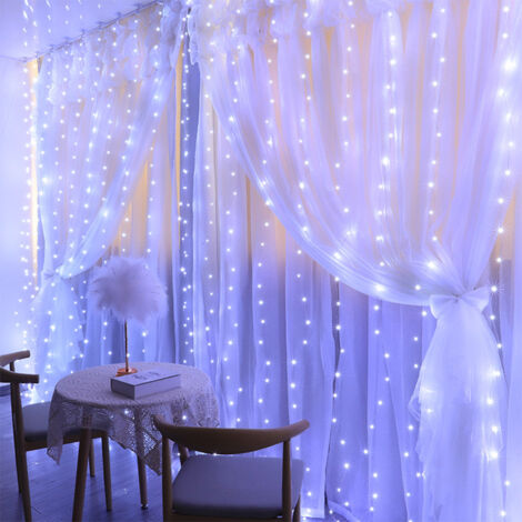 RCBBETT ZA SAS Rideau lumineux style glaçon connectable, 3 m x 3 m 300 LED, blanc chaud ou blanc froid, 8 modes, IP44 étanche, prise EU, décoration intérieure et extérieure pour Saint-Valentin, fête