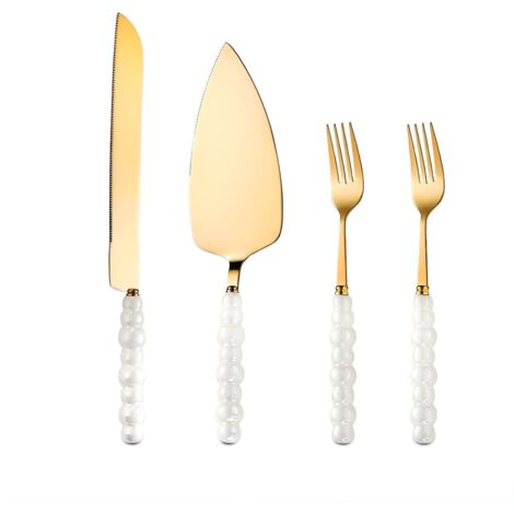 Cake Server - 4-Piece Gold-Plated Stainless Steel Set - Wedding Birthday Anniversary Dessert Serving Kit - Includes Knife Spatula And 2 Forks - 1 Set (1/5)