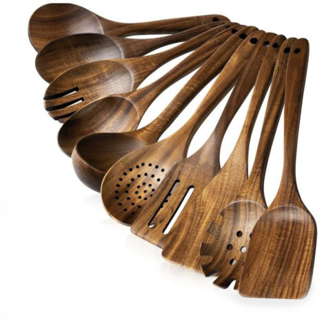 Cuillères En Bois - Lot De 10 Ustensiles De Cuisine En Teck Naturel - Pour Cuisinière Et Poêle Antiadhésive - 10 Pièces (1/5)