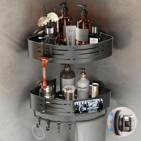 Porte-Produits De Salle De Bain Angle - Ventouse En Aluminium - Avec Barre À Serviettes Et Crochets - Pour Surfaces Lisses - Lot De 2 (1/5)