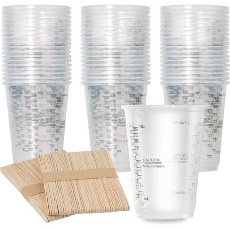 Cup Mesureur En Plastique - 100 Pièces 100 ml - Gradué Ml Et Oz - Pour Mélange Résine Époxy Peinture Pigments - Avec 100 Bâtonnets En Bois (1/5)
