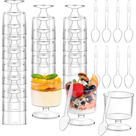 Cup Dessert - 5 Oz - Transparent - Gobelet Rond - Pour Desserts Froids Et Apéritifs - 60 Pièces + Cuillères 60 Pièces (1/5)