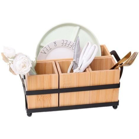 Caddy À Couverts - Boîte Organisatrice En Bois Pour Fourchettes Cuillères Couteaux Assiettes En Papier Et Serviettes - 4 Compartiments Amovibles - Idéal Pour Cuisine Salle De Bain Bureau - 1 Pièce (1/5)