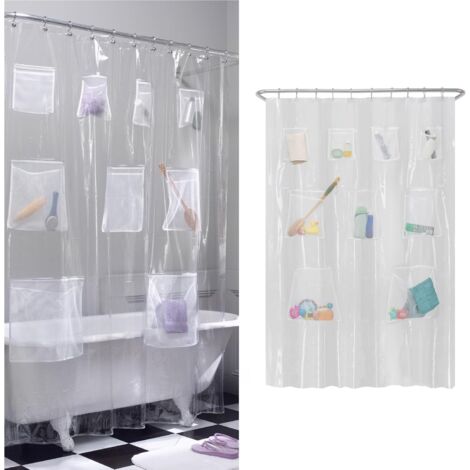 Rideau De Douche Impermeable - 180 x 180 cm - Avec 9 Poches De Rangement - Garniture En PEVA - Anneaux Antirouille - Transparent (1/5)