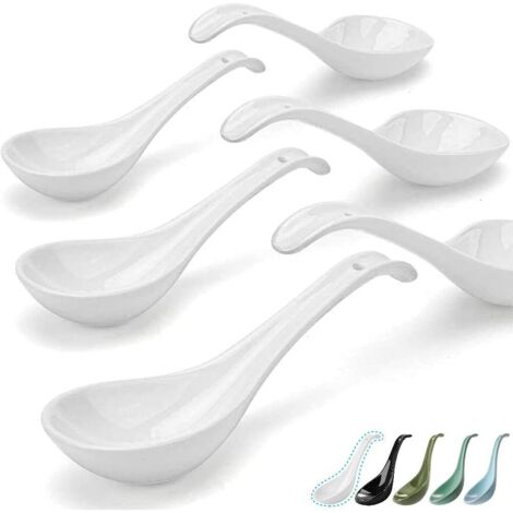 Cuillère À Soupe Asiatique - Porcelaine Fine Blanche - 17 cm - Design Oval Profond Avec Crochet - Pour Soupe Ramen Pho Miso - Lot De 6 (1/5)