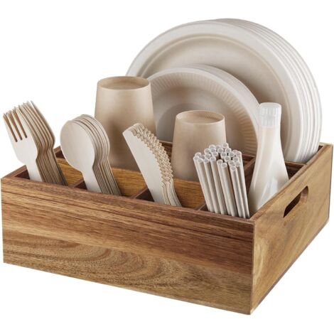 Support Pour Ustensiles - Boîte En Bois D'Acacia Avec 6 Compartiments - Pour Service De Table En Intérieur Ou En Extérieur - Lot De 1 (1/5)