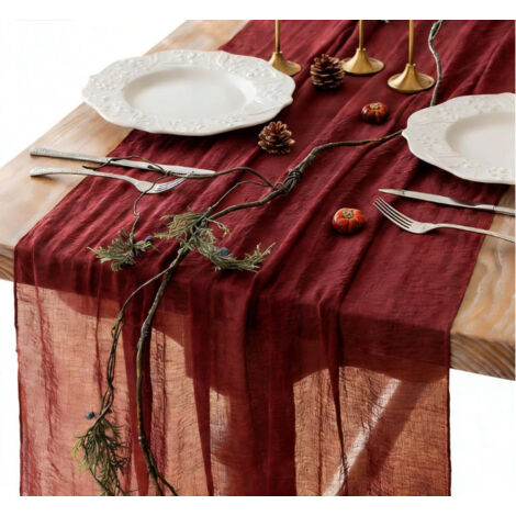 Chemise De Table En Mousseline - 90 X 300 Cm - Rouge Bordeaux - Pour Décoration De Noël Mariage Fête Boho - 1 Pièce (1/5)