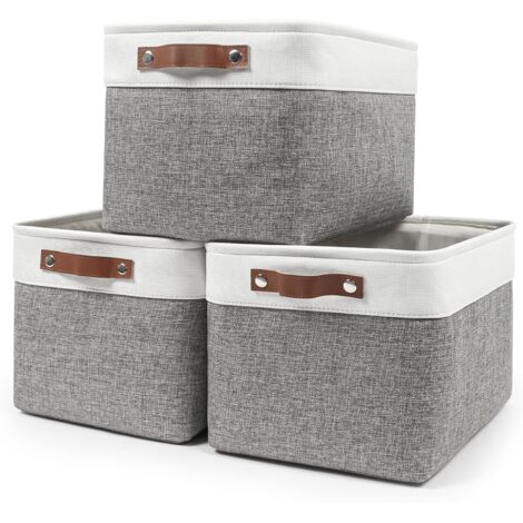 Panier De Rangement En Tissu - 38 x 28 x 24 cm - Lin Coton Écologique Avec Structure Métallique Et Fond Mdf - Poignées En Cuir - Lot De 3 (1/5)