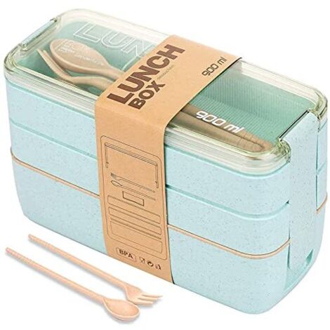 Boîte À Repas Bento - 3 Compartiments Empilables - 1100 ml - En PP Alimentaire Et Fibre De Blé - Avec Couverts Intégrés - Pour Adultes Et Enfants À Partir De 3 Ans (1/5)