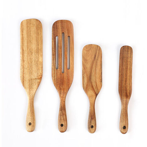 Cuillères En Bois D'Acacia - Lot De 4 Ustensiles De Cuisine Pour Mélanger Servir Et Remuer - Compatible Poêles Antiadhésives - Usage Cuisine Maison (1/5)