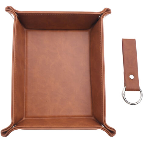 Valet Tray - PU Leather Bedside Organizer for Keys Watch Wallet Jewellery - Foldable Compact Design - Brown - 1 Piece (1/5)