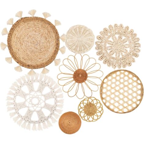 Panier Murale - Panier Tressé Plat en Rotin et Herbe de Mer - Décoration Murale Boho avec Pompons - Lot de 8 - Diamètres 13 à 38 cm (1/5)