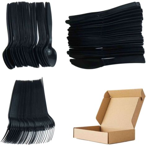 Couteaux Fourchettes Cuillères En Plastique - Lot De 90 Pièces Noir - Vaisselle Jetable Pour Mariages Fêtes Pique-Niques Camping - 30 Pièces Chaque