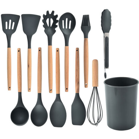 Ustensiles De Cuisine En Silicone - Résistant Jusqu'à 230 °C - Pour Casseroles Antiadhésives - Lot De 5 Pièces - Gris (1/5)
