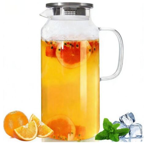 Pitcher En Verre - 2 L - Bouchon En Acier Inoxydable 304 - Bec Verseur Anti-Goutte - Compatible Plaque Chauffante Et Réfrigérateur - Pour Eau Infusée Thé Café Sangria - 1 Pièce (1/5)