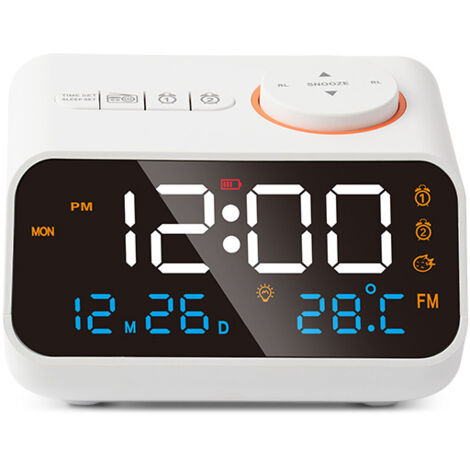 Radio-réveil Numérique - Affichage LED 5 Pouces - Radio FM 76-108 MHz - Lampe de Nuit à 8 Couleurs - Minuterie Sommeil - Double Réveil - 2 Ports USB - Blanc