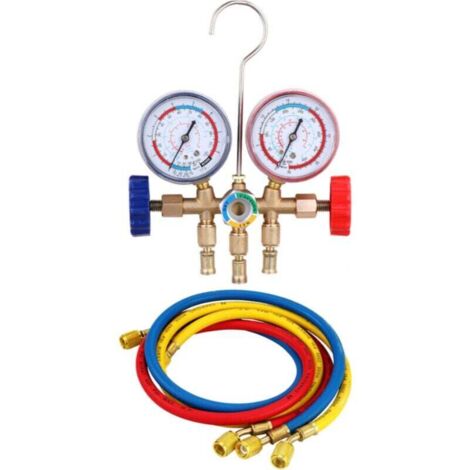 Kit Manomètres De Pression Pour Climatisation - R410A R404A R22 R134A - Tuyaux Colorés Rouge Bleu Jaune - Crochet D'Accroche - 1 Jeu