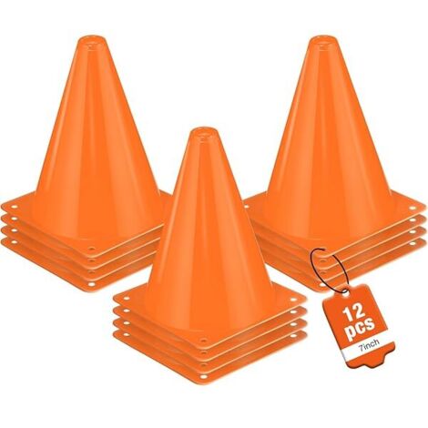 Cône Sportif - 7 Pouces - Base Carrée 13,5 Cm - Polyéthylène Souple - Orange Vif - Pour Entraînement Football Basket Agility - Lot De 12