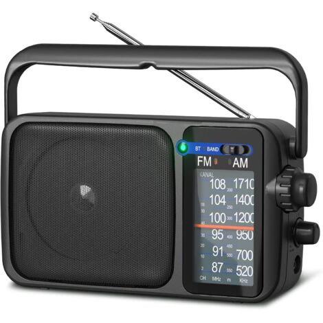 Radio AM FM Portable - Antenne Télescopique En Cuivre - Bluetooth - Alimentation Secteur ou Piles AA - Haut-Parleur Puissant - Prise Casque 3,5 mm - 1 Pièce