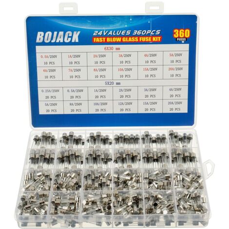 Kit Fusibles Verre - 250 V - 5x20 mm et 6x30 mm - 24 Valeurs - 360 Pièces - Boîte de Rangement en Plastique (1/5)