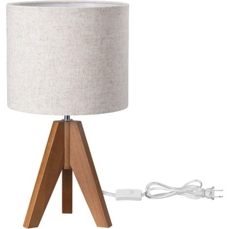 Lampe De Table Tripode - Abat-jour En Lin Beige - Base En Bois Brun Clair - Culot E26 - 36 Cm - Pour Chambre À Coucher Bureau Nursery (1/5)