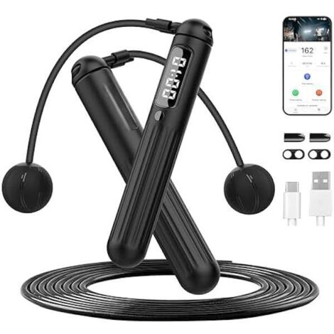 Corde à Sauter 2-en-1 - Mode Sans Corde et Avec Corde - Connexion App - Compteur de Sauts - Réglable en Longueur - Pour Fitness Cardio à Domicile ou En Extérieur - 1 Pièce (1/5)