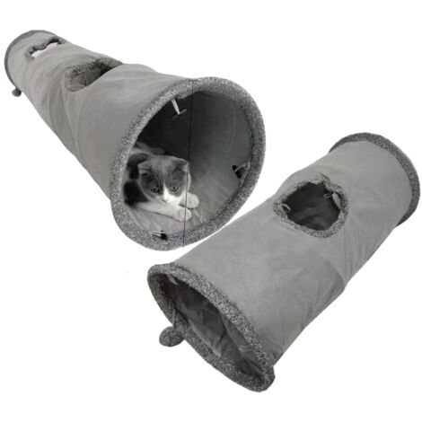 Tunnel Pour Chat - Diamètre 30 Cm - 30 X 130 Cm Et 30 X 67 Cm - En Imitation Lin Avec Fourrure Synthétique Intérieure - Rétractable Et Connectable - Gris (1/5)