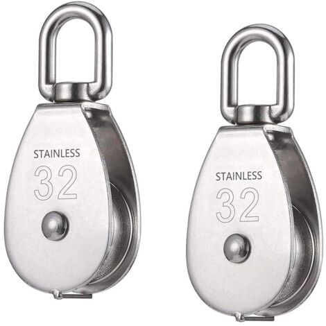 Poulie Simple - Acier Inoxydable 304 - Diamètre Roue 32 mm - Capacité Charge 250 kg - Rotation 360° - Pour Câble Corde Fil - Lot de 2 (1/5)