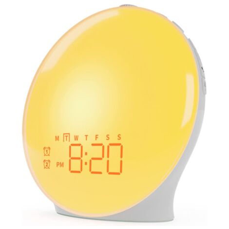 Radio Réveil Avec Simulation Aube - Lampe Veilleuse LED 20 Niveaux - 2 Alarmes Indépendantes - 7 Sons Naturels - FM Radio 76-108 MHz - 18 Couleurs - 1 Pièce (1/5)