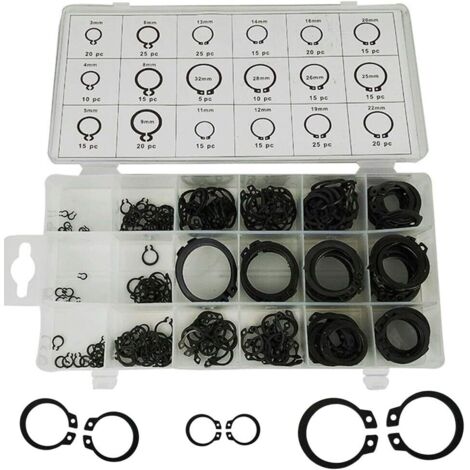 Circlips Externes - Lot de 300 Pièces - 18 Tailles de 3 mm à 22 mm - Acier Trempé Résistant à la Corrosion - Boîte de Rangement Transparente (1/5)