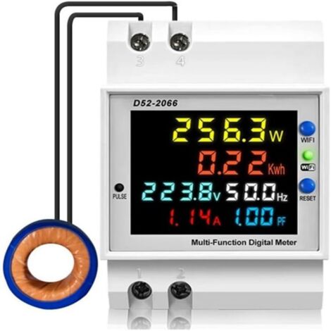 Compteur d énergie WiFi - Compteur électrique monophasé LCD 6 en 1 - Voltmètre Ampèremètre Wattmètre Fréquencemètre Facteur de puissance - Rail DIN - 40 à 300 V AC - 100 A avec CT externe - 1 pièce