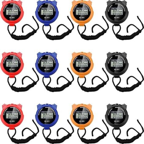Chronomètre Numérique - Affichage Heure Date Alarme - Précision 1/100 Seconde - Étanche - Avec Lanyard - Pour Entraîneurs, Arbitres, Fitness - Lot de 12 (1/5)