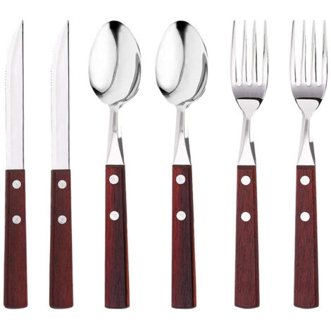 Couverts En Acier Inoxydable Avec Manche En Bois - Fourchette Cuillère Couteau - Pour Usage Quotidien - Lot De 6 Pièces
