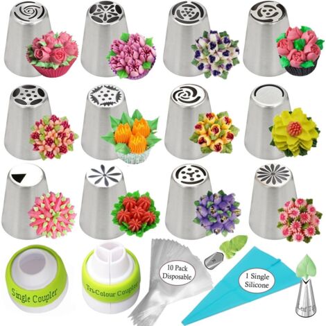 Douille À Décorer Gâteau - 12 Douilles Russes En Acier Inoxydable Alimentaire - 2 Raccords - 2 Douilles Feuille - 1 Sachet En Silicone Réutilisable - 10 Sachets À Douille - Kit Complet Pour Pâtisserie (1/5)