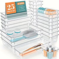 Drawer Organizer - Clear Plastic Storage Bins Set - 25 Pcs in 4 Sizes - for Desk Drawer, Makeup, Jewelry, Office Supplies, Kitchen Utensils
