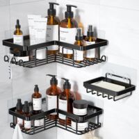 Corner Shower Caddy - Stainless Steel L-Shaped Adhesive Bathroom Organizer with Soap Holder - For 90° Corners - Black - 3-Pack