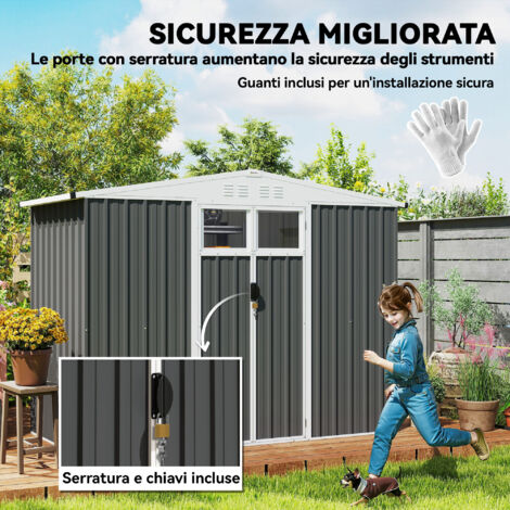 Casetta da giardino in metallo 8 x 4 piedi, ripostiglio da giardino con finestra, 4 prese d'aria e porta con serratura, armadio porta attrezzi impermeabile in acciaio zincato, grigio scuro