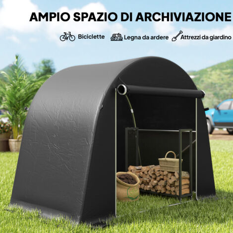 Tenda da giardino per riporre oggetti, 2,45 x 1,2 m, impermeabile, con porta avvolgibile con cerniera e telaio in acciaio zincato, grigio scuro. (1/5)