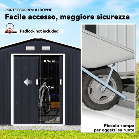 Casetta da giardino in metallo 3,35 x 2,74 m, ripostiglio per attrezzi da esterno con fessure di ventilazione, kit di base e doppie porte con serratura, grigio scuro. (1/5)