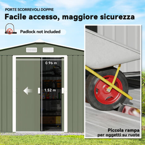 Casetta da giardino in metallo 9 x 6 piedi, ripostiglio per attrezzi da esterno con fessure di ventilazione, kit di base e doppie porte con serratura, verde chiaro. (1/5)