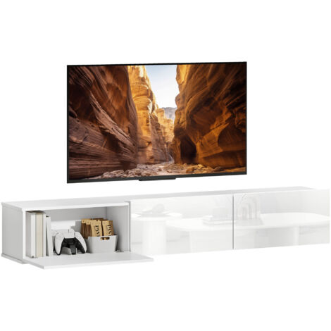 Mobile sospeso per TV, supporto fino a 82" con 3 armadietti chiusura ammortizzata inversa, 180x31,5x29,8 cm, bianco lucido