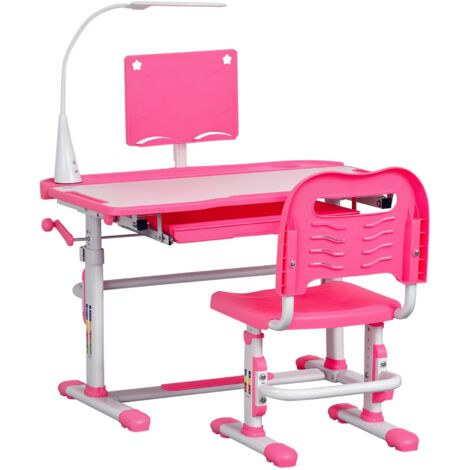 Scrivania per bambini con sedia regolabile in altezza, set scrivania scolastica con cassetto, leggera e piano inclinato a 45°, età 6-12 anni, rosa (1/5)
